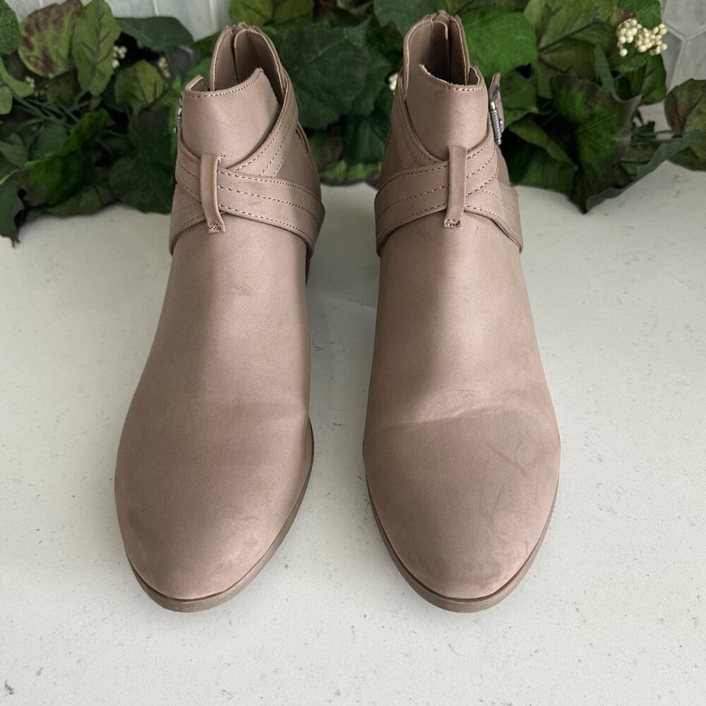 Ana Lemona Womens Ankle Booties Size 10M Taupe Faux Leather With Buckle & Zipper
